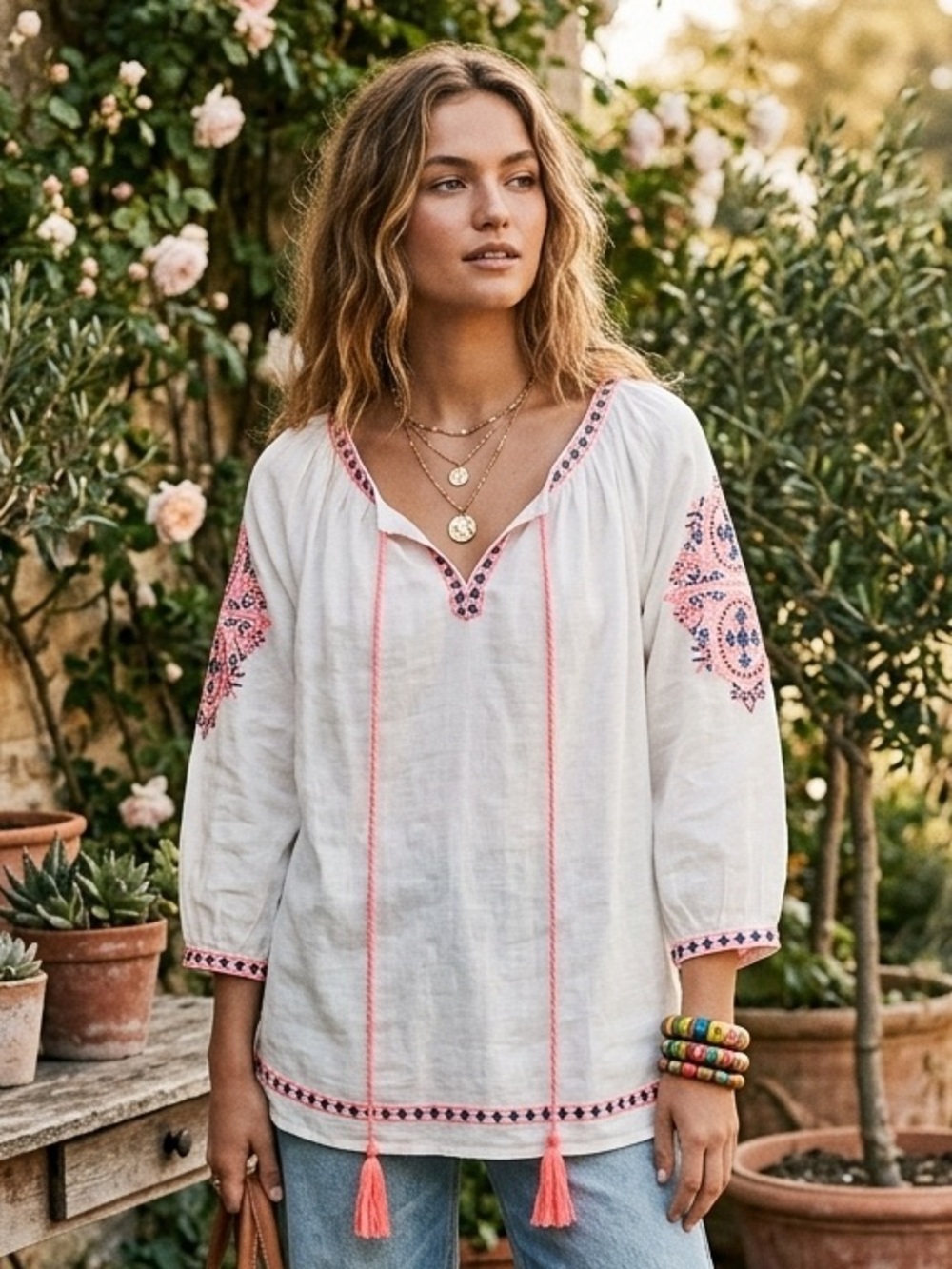 Perch by Blu Pepper Boho Embroidered Peasant Top | Size 1X | Tassel Tie